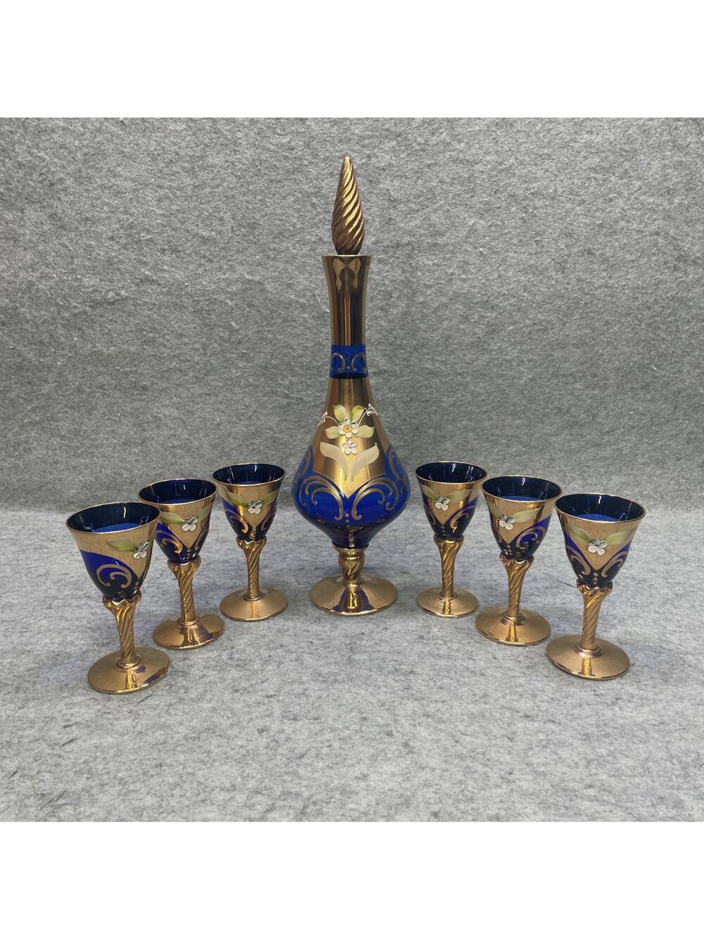 Venetian Murano Glass Decanter Set Cobalt Blue Gold Gilt Hand Painted 6 Glasses